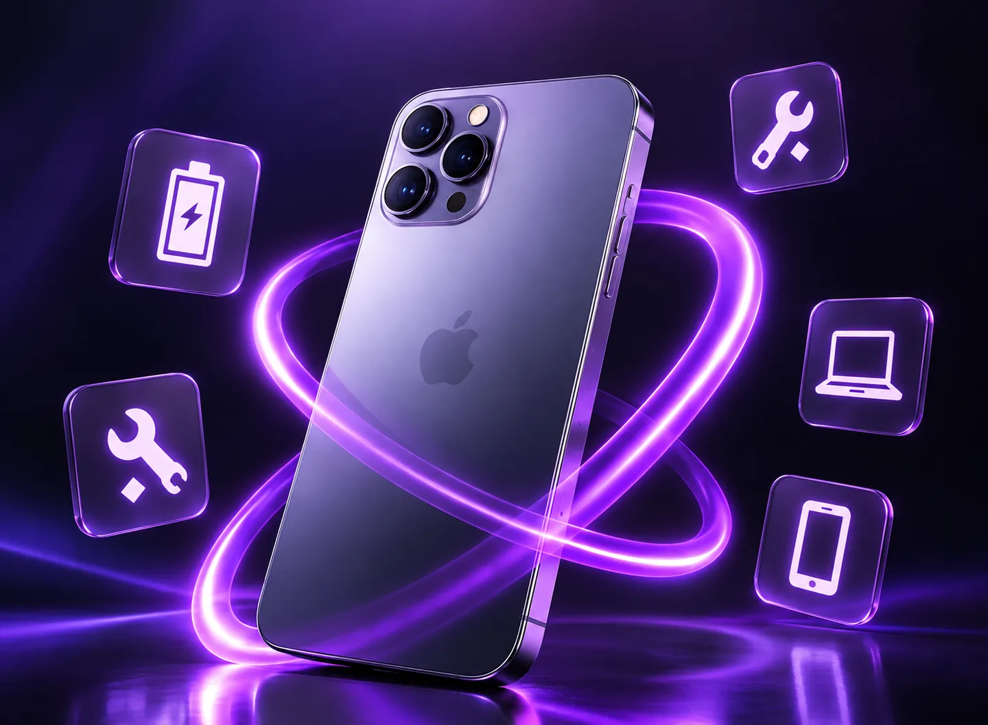 Un smartphone en 3D entouré d’un anneau violet lumineux, avec des icônes de réparation : batterie, clé, ordinateur portable et téléphone.